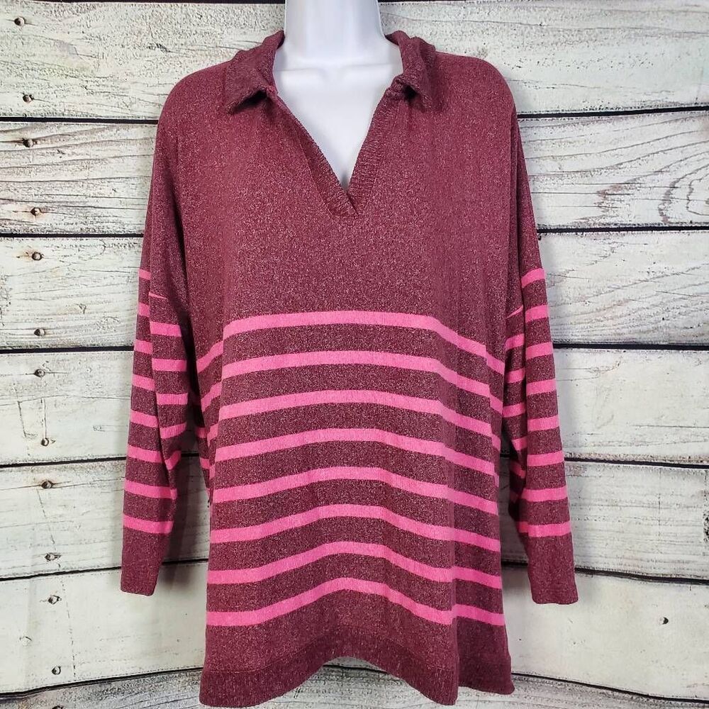 Maurices Women’s Plus 1X Burgundy Striped Collared Long Sleeve Top